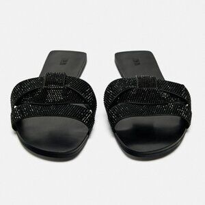 ZARA JEWEL RHINESTONE FLAT SLIDE SANDALS Size 8 / 39 BLACK